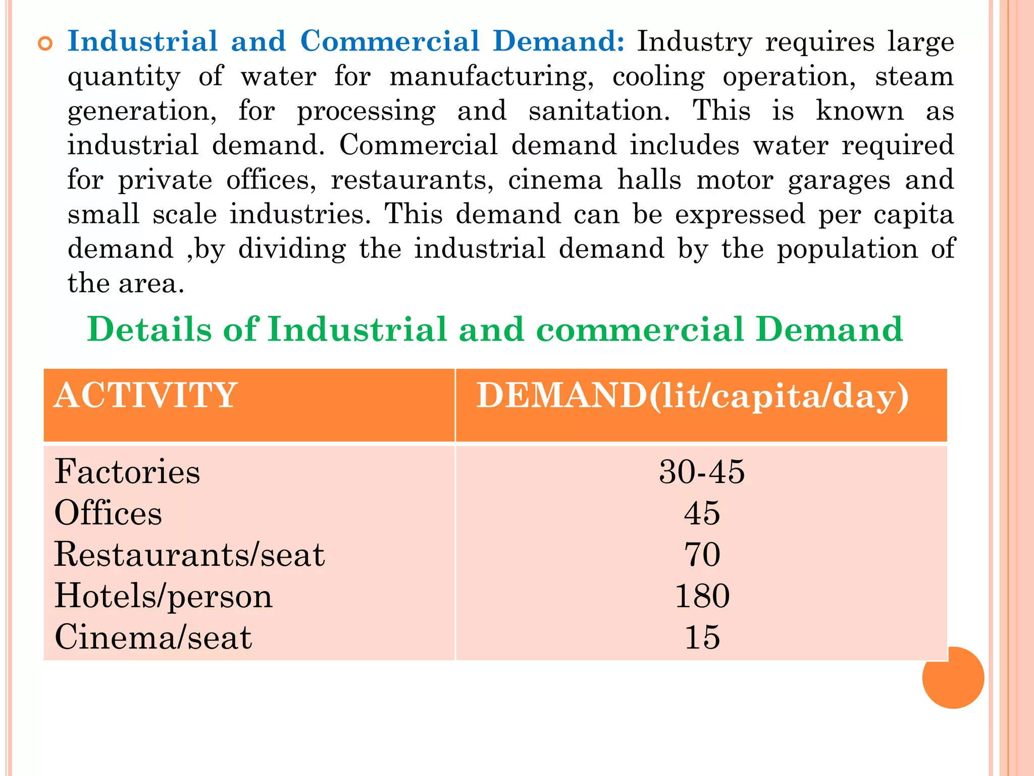  Industrial and Commercial Demand: Industry requires large
quantity of water for manufacturing, cooling operation, steam
generation, for processing and sanitation. This is known as
industrial demand. Commercial demand includes water required
for private offices, restaurants, cinema halls motor garages and
small scale industries. This demand can be expressed per capita
demand ,by dividing the industrial demand by the population of
the area.
Details of Industrial and commercial Demand
ACTIVITY DEMAND(lit/capita/day)
Factories
Offices
Restaurants/seat
Hotels/person
Cinema/seat
30-45
45
70
180
15
 