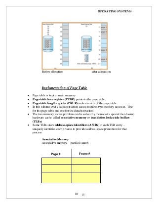 OPERATING SYSTEMS
iii- 13
Before allocation after allocation
Implementation of Page Table
 Page table is kept in main memory
 Page-table base register (PTBR) points to the page table
 Page-table length register (PRLR) indicates size of the page table
 In this scheme every data/instruction access requires two memory accesses. One
for the page table and one for the data/instruction.
 The two memory access problem can be solved by the use of a special fast-lookup
hardware cache called associative memory or translation look-aside buffers
(TLBs)
 Some TLBs store address-space identifiers (ASIDs) in each TLB entry –
uniquely identifies each process to provide address-space protection for that
process
Associative Memory
Associative memory – parallel search
Frame #Page #
 