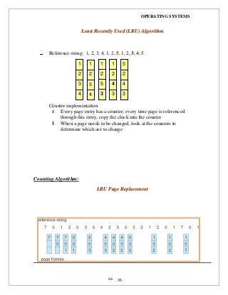 OPERATING SYSTEMS
iii- 36
Counting Algorithm:
LLRRUU PPaaggee RReeppllaacceemmeenntt
LLeeaasstt RReecceennttllyy UUsseedd ((LLRRUU)) AAllggoorriitthhmm
Reference string: 1, 2, 3, 4, 1, 2, 5, 1, 2, 3, 4, 5
Counter implementation
Every page entry has a counter; every time page is referenced
through this entry, copy the clock into the counter
When a page needs to be changed, look at the counters to
determine which are to change
5
2
4
3
1
2
3
4
1
2
5
4
1
2
5
3
1
2
4
3
 
