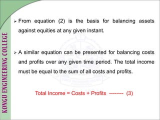  From equation (2) is the basis for balancing assets
against equities at any given instant.
 A similar equation can be presented for balancing costs
and profits over any given time period. The total income
must be equal to the sum of all costs and profits.
Total Income = Costs + Profits -------- (3)
 