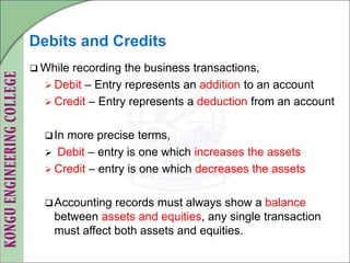 Debits and Credits
 While recording the business transactions,
 Debit – Entry represents an addition to an account
 Credit – Entry represents a deduction from an account
In more precise terms,
 Debit – entry is one which increases the assets
 Credit – entry is one which decreases the assets
Accounting records must always show a balance
between assets and equities, any single transaction
must affect both assets and equities.
 