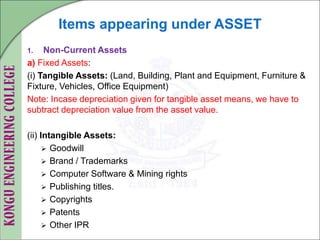 Items appearing under ASSET
1. Non-Current Assets
a) Fixed Assets:
(i) Tangible Assets: (Land, Building, Plant and Equipment, Furniture &
Fixture, Vehicles, Office Equipment)
Note: Incase depreciation given for tangible asset means, we have to
subtract depreciation value from the asset value.
(ii) Intangible Assets:
 Goodwill
 Brand / Trademarks
 Computer Software & Mining rights
 Publishing titles.
 Copyrights
 Patents
 Other IPR
 