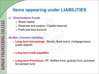 Items appearing under LIABILITIES
(1) Shareholders Funds
 Share capital
 Reserves and surplus / Capital reserves
 Profit and loss Account
(2) Non- Current Liabilities:
 Long term borrowings : Bonds, Bank loans, mortgage loans,
public deposit.
 Long term trade payables
 Long term Provisions: PF, Welfare fund, gratuity fund, provision
for pension fund
 
