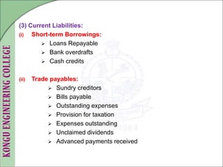 (3) Current Liabilities:
(i) Short-term Borrowings:
 Loans Repayable
 Bank overdrafts
 Cash credits
(ii) Trade payables:
 Sundry creditors
 Bills payable
 Outstanding expenses
 Provision for taxation
 Expenses outstanding
 Unclaimed dividends
 Advanced payments received
 