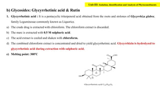 b) Glycosides: Glycyrrhetinic acid & Rutin
1. Glycyrrhetinic acid : It is a pentacyclic triterpenoid acid obtained from the roots and stolones of Glycyrrhiza glabra;
family Leguminosae commonly known as Liquorice.
a) The crude drug is extracted with chloroform. The chloroform extract is discarded.
b) The marc is extracted with 0.5 M sulphuric acid.
c) The acid extract is cooled and shaken with chloroform.
d) The combined chloroform extract is concentrated and dried to yield glycyrrhetinic acid. Glycyrrhizin is hydrolyzed to
glycyrrhetinic acid during extraction with sulphuric acid.
e) Melting point: 300ºC
Unit-III: Isolation, Identification and Analysis of Phytoconstituents
 