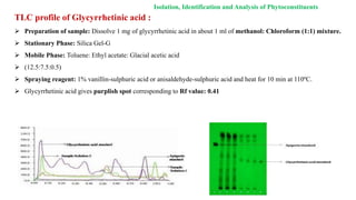 TLC profile of Glycyrrhetinic acid :
 Preparation of sample: Dissolve 1 mg of glycyrrhetinic acid in about 1 ml of methanol: Chloroform (1:1) mixture.
 Stationary Phase: Silica Gel-G
 Mobile Phase: Toluene: Ethyl acetate: Glacial acetic acid
 (12.5:7.5:0.5)
 Spraying reagent: 1% vanillin-sulphuric acid or anisaldehyde-sulphuric acid and heat for 10 min at 110ºC.
 Glycyrrhetinic acid gives purplish spot corresponding to Rf value: 0.41
Isolation, Identification and Analysis of Phytoconstituents
 