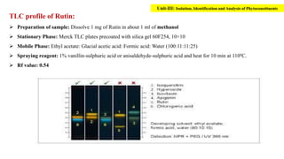 TLC profile of Rutin:
 Preparation of sample: Dissolve 1 mg of Rutin in about 1 ml of methanol
 Stationary Phase: Merck TLC plates precoated with silica gel 60F254, 10×10
 Mobile Phase: Ethyl acetate: Glacial acetic acid: Formic acid: Water (100:11:11:25)
 Spraying reagent: 1% vanillin-sulphuric acid or anisaldehyde-sulphuric acid and heat for 10 min at 110ºC.
 Rf value: 0.54
Unit-III: Isolation, Identification and Analysis of Phytoconstituents
 