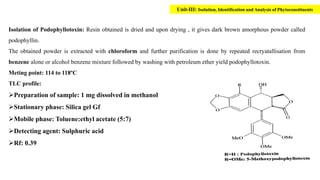 Isolation of Podophyllotoxin: Resin obtained is dried and upon drying , it gives dark brown amorphous powder called
podophyllin.
The obtained powder is extracted with chloroform and further purification is done by repeated recryatallisation from
benzene alone or alcohol benzene mixture followed by washing with petroleum ether yield podophyllotoxin.
Meting point: 114 to 118ºC
TLC profile:
Preparation of sample: 1 mg dissolved in methanol
Stationary phase: Silica gel Gf
Mobile phase: Toluene:ethyl acetate (5:7)
Detecting agent: Sulphuric acid
Rf: 0.39
Unit-III: Isolation, Identification and Analysis of Phytoconstituents
 