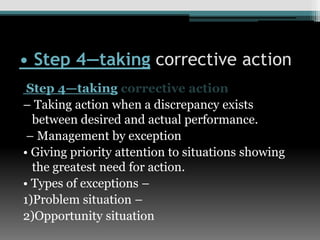 • Step 4—taking corrective action
Step 4—taking corrective action
– Taking action when a discrepancy exists
between desired and actual performance.
– Management by exception
• Giving priority attention to situations showing
the greatest need for action.
• Types of exceptions –
1)Problem situation –
2)Opportunity situation
 