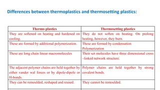 Differences between thermoplastics and thermosetting plastics:
Thermo plastics Thermosetting plastics
They are softened on heating and hardened on
cooling.
They do not soften on heating. On prolong
heating, however, they burn.
These are formed by additional polymerization. These are formed by condensation
Polymerization
These are long chain linear macromolecules Their set molecules have three dimensional cross
–linked network structure.
The adjacent polymer chains are held together by
either vander wal forces or by dipole-dipole or
H-bonds.
Polymer chains are held together by strong
covalent bonds.
They can be remoulded, reshaped and reused. They cannot be remoulded.
 