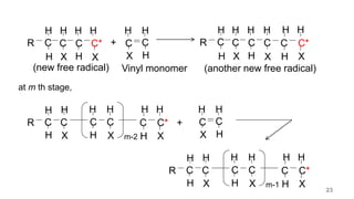 Vinyl monomer
C C
H
X H
H
+
(new free radical)
C C
H
H X
H
R C C*
H
H X
H
(another new free radical)
C*
C
H
H X
H
C C
H
H X
H
R C C
H
H X
H
at m th stage,
C C
H
X H
H
+
C
H
H
R C
X
H
C
H
H
C
X
H
m-2
C*
C
H
H X
H
C
H
H
R C
X
H
C
H
H
C
X
H
m-1
C*
C
H
H X
H
23
 