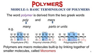 MODULE-1: BASIC TERMINOLOGY OF POLYMERS
The word polymer is derived from the two greek words
poly and mers
Polymers are macro molecules built-ip by linking together of
smaller molecules, called Monomers
parts or units
many
C C C C C C
H
H
H
H
H
H
H
H
H
H
H
H
Polyethylene (PE)
mer
Cl
Cl Cl
C C C C C C
H
H
H
H
H
H
H
H
H
Polyvinyl chloride (PVC)
mer
Polypropylene (PP)
CH3
C C C C C C
H
H
H
H
H
H
H
H
H
CH3 CH3
mer
e.g.
4
 