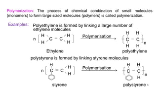 Examples: Polyethylene is formed by linking a large number of
ethylene molecules
n
C C
H
H H
H
C C
H
H H
H
n
Polymerisation
Ethylene polyethylene
polystyrene is formed by linking styrene molecules
H
styrene polystyrene
C C
H
H
n
Polymerisation
n
C C
H
H
H
Polymerization: The process of chemical combination of small molecules
(monomers) to form large sized molecules (polymers) is called polymerization.
5
 