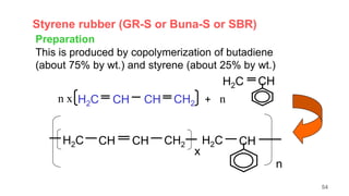 Styrene rubber (GR-S or Buna-S or SBR)
Preparation
This is produced by copolymerization of butadiene
(about 75% by wt.) and styrene (about 25% by wt.)
H2C CH CH CH2
x
H2C CH
n
H2C CH CH CH2
n x
H2C CH
n
+
54
 