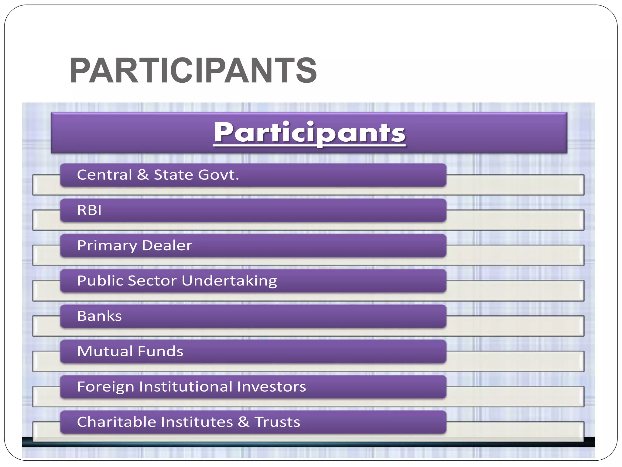 PARTICIPANTS
Participants
Central & State Govt.
RBI
Primary Dealer
Public Sector Undertaking
Banks
Mutual Funds
Foreign Institutional Investors
Charitable Institutes & Trusts
 