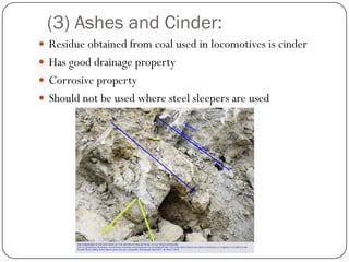 (3) Ashes and Cinder: 
Residue obtained from coal used in locomotives is cinder 
Has good drainage property 
Corrosive property 
Should not be used where steel sleepers are used  