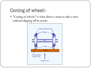 Coning of wheel:- 
"Coning of wheels" is what allows a train to take a turn without slipping off its tracks.  