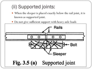 (ii) Supported joints: 
When the sleeper is placed exactly below the rail joint, it is known as supported joint. 
Do not give sufficient support with heavy axle loads  