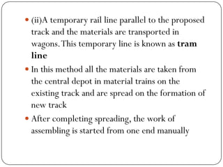 (ii)A temporary rail line parallel to the proposed track and the materials are transported in wagons. This temporary line is known as tram line 
In this method all the materials are taken from the central depot in material trains on the existing track and are spread on the formation of new track 
After completing spreading, the work of assembling is started from one end manually  