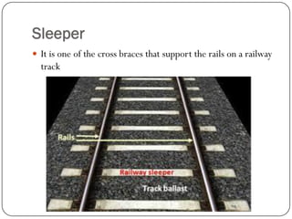 Sleeper 
It isone of the cross braces that support the rails on a railway track  