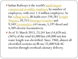 Indian Railways is the world'sninth largest commercial or utility employer, by number of employees, with over 1.4million employees. As forrolling stock, IR holds over 239,281Freight Wagons, 59,713Passenger Coachesand 9,549Locomotives(43 steam, 5,197 diesel and 4,309 electric locomotives). 
As of 31 March 2013, 23,541km (14,628mi) (36%) of the total 65,000km (40,000mi) km route length was electrified.Since 1960, almost all electrified sections on IR use 25,000 Volt AC traction through overhead catenarydelivery.  