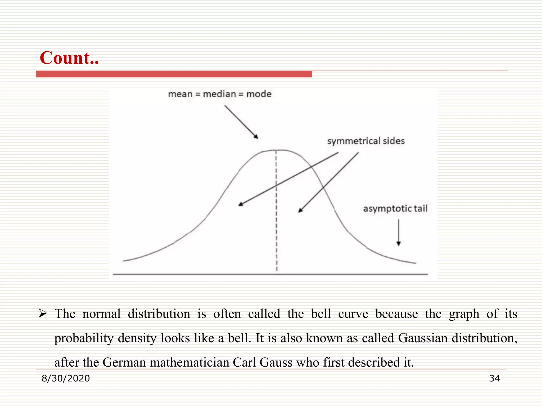 Count..
8/30/2020 34
 The normal distribution is often called the bell curve because the graph of its
probability density looks like a bell. It is also known as called Gaussian distribution,
after the German mathematician Carl Gauss who first described it.
 