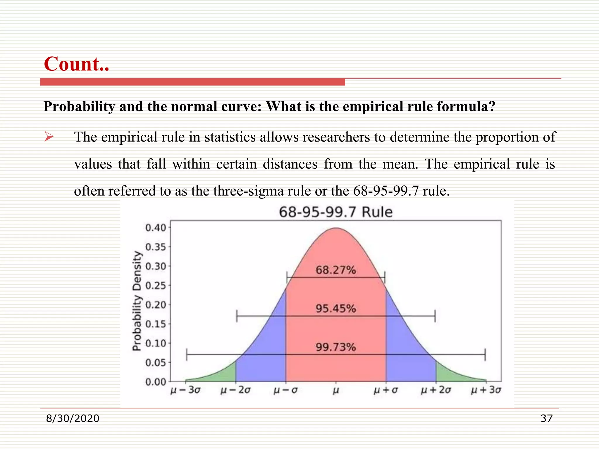 Count..
Probability and the normal curve: What is the empirical rule formula?
 The empirical rule in statistics allows researchers to determine the proportion of
values that fall within certain distances from the mean. The empirical rule is
often referred to as the three-sigma rule or the 68-95-99.7 rule.
8/30/2020 37
 