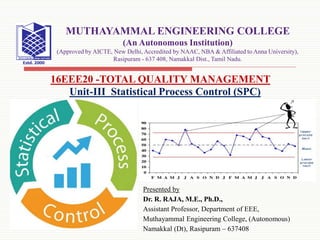 Presented by
Dr. R. RAJA, M.E., Ph.D.,
Assistant Professor, Department of EEE,
Muthayammal Engineering College, (Autonomous)
Namakkal (Dt), Rasipuram – 637408
16EEE20 -TOTAL QUALITY MANAGEMENT
MUTHAYAMMAL ENGINEERING COLLEGE
(An Autonomous Institution)
(Approved by AICTE, New Delhi, Accredited by NAAC, NBA & Affiliated to Anna University),
Rasipuram - 637 408, Namakkal Dist., Tamil Nadu.
Unit-III Statistical Process Control (SPC)
 