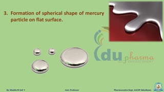 By: Khalifa M Asif Y Asst. Professor Pharmaceutics Dept. AACOP Akkalkuwa
3. Formation of spherical shape of mercury
particle on flat surface.
 