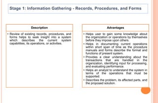 Description
• Review of existing records, procedures, and
forms helps to seek insight into a system
which describes the current system
capabilities, its operations, or activities.
Advantages
• Helps user to gain some knowledge about
the organization or operations by themselves
before they impose upon others.
• Helps in documenting current operations
within short span of time as the procedure
manuals and forms describe the format and
functions of present system.
• Provides a clear understanding about the
transactions that are handled in the
organization, identifying input for processing,
and evaluating performance.
• Helps an analyst to understand the system in
terms of the operations that must be
supported.
• Describes the problem, its affected parts, and
the proposed solution.
 