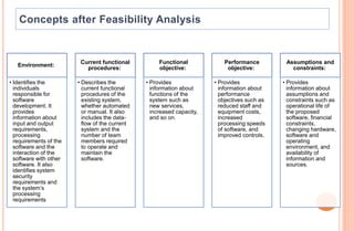 Environment:
• Identifies the
individuals
responsible for
software
development. It
provides
information about
input and output
requirements,
processing
requirements of the
software and the
interaction of the
software with other
software. It also
identifies system
security
requirements and
the system’s
processing
requirements
Current functional
procedures:
• Describes the
current functional
procedures of the
existing system,
whether automated
or manual. It also
includes the data-
flow of the current
system and the
number of team
members required
to operate and
maintain the
software.
Functional
objective:
• Provides
information about
functions of the
system such as
new services,
increased capacity,
and so on.
Performance
objective:
• Provides
information about
performance
objectives such as
reduced staff and
equipment costs,
increased
processing speeds
of software, and
improved controls.
Assumptions and
constraints:
• Provides
information about
assumptions and
constraints such as
operational life of
the proposed
software, financial
constraints,
changing hardware,
software and
operating
environment, and
availability of
information and
sources.
 