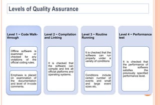 Level 1 − Code Walk-
through
Offline software is
examined or
checked for any
violations of the
official coding rules.
Emphasis is placed
on examination of
the documentation
and level of in-code
comments.
Level 2 − Compilation
and Linking
It is checked that
the software can
compile and link all
official platforms and
operating systems.
Level 3 − Routine
Running
It is checked that the
software can run
properly under a
variety of conditions
Conditions include
certain number of
events and small
and large event
sizes etc.
Level 4 − Performance
test
It is checked that
the performance of
the software
satisfies the
previously specified
performance level.
 
