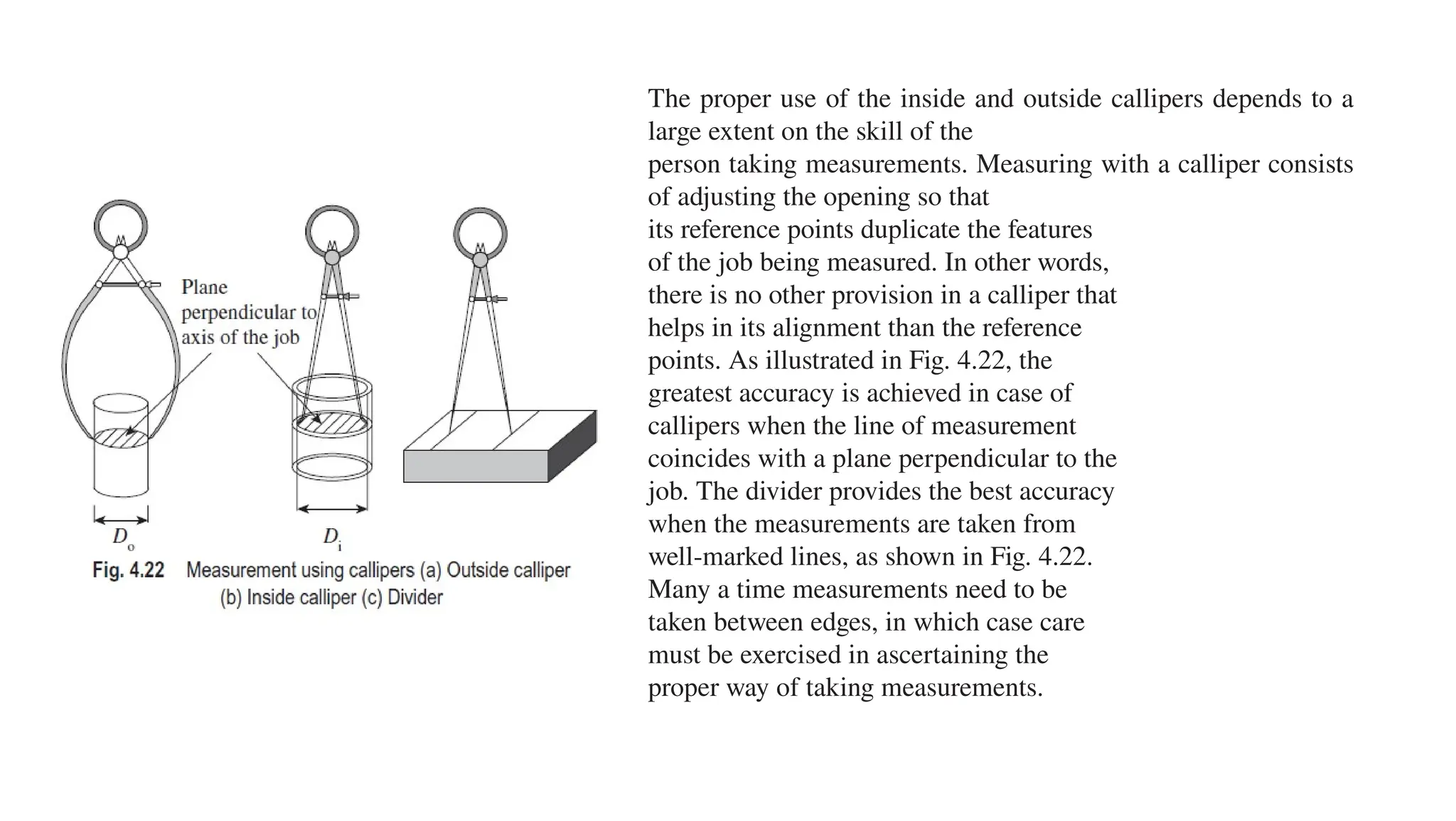 The proper use of the inside and outside callipers depends to a
large extent on the skill of the
person taking measurements. Measuring with a calliper consists
of adjusting the opening so that
its reference points duplicate the features
of the job being measured. In other words,
there is no other provision in a calliper that
helps in its alignment than the reference
points. As illustrated in Fig. 4.22, the
greatest accuracy is achieved in case of
callipers when the line of measurement
coincides with a plane perpendicular to the
job. The divider provides the best accuracy
when the measurements are taken from
well-marked lines, as shown in Fig. 4.22.
Many a time measurements need to be
taken between edges, in which case care
must be exercised in ascertaining the
proper way of taking measurements.
 