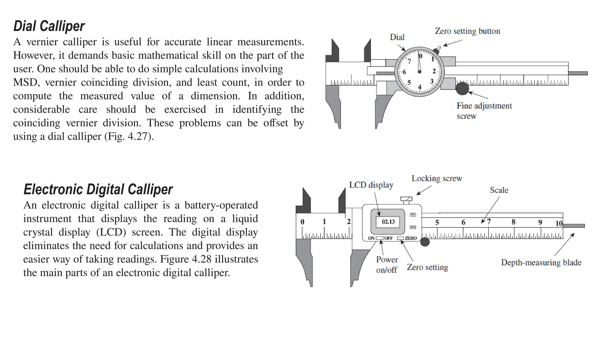 Dial Calliper
A vernier calliper is useful for accurate linear measurements.
However, it demands basic mathematical skill on the part of the
user. One should be able to do simple calculations involving
MSD, vernier coinciding division, and least count, in order to
compute the measured value of a dimension. In addition,
considerable care should be exercised in identifying the
coinciding vernier division. These problems can be offset by
using a dial calliper (Fig. 4.27).
Electronic Digital Calliper
An electronic digital calliper is a battery-operated
instrument that displays the reading on a liquid
crystal display (LCD) screen. The digital display
eliminates the need for calculations and provides an
easier way of taking readings. Figure 4.28 illustrates
the main parts of an electronic digital calliper.
 