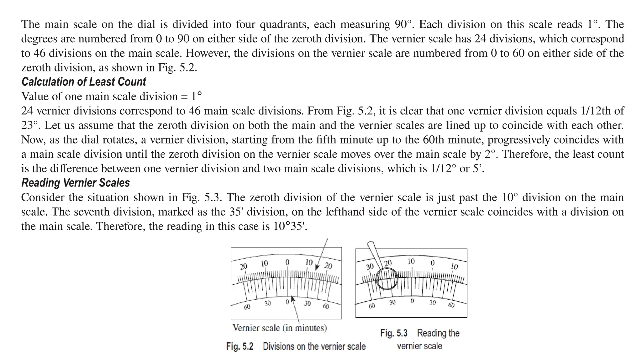 The main scale on the dial is divided into four quadrants, each measuring 90°. Each division on this scale reads 1°. The
degrees are numbered from 0 to 90 on either side of the zeroth division. The vernier scale has 24 divisions, which correspond
to 46 divisions on the main scale. However, the divisions on the vernier scale are numbered from 0 to 60 on either side of the
zeroth division, as shown in Fig. 5.2.
Calculation of Least Count
Value of one main scale division = 1°
24 vernier divisions correspond to 46 main scale divisions. From Fig. 5.2, it is clear that one vernier division equals 1/12th of
23°. Let us assume that the zeroth division on both the main and the vernier scales are lined up to coincide with each other.
Now, as the dial rotates, a vernier division, starting from the fifth minute up to the 60th minute, progressively coincides with
a main scale division until the zeroth division on the vernier scale moves over the main scale by 2°. Therefore, the least count
is the difference between one vernier division and two main scale divisions, which is 1/12° or 5’.
Reading Vernier Scales
Consider the situation shown in Fig. 5.3. The zeroth division of the vernier scale is just past the 10° division on the main
scale. The seventh division, marked as the 35' division, on the lefthand side of the vernier scale coincides with a division on
the main scale. Therefore, the reading in this case is 10°35'.
 