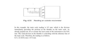 In this example, the main scale reading is 8.5 mm, which is the division
immediately preceding the position of the thimble on the main scale. As
already pointed out, let us assume the least count of the instrument to be 0.01
mm. The 22nd division on the thimble is coinciding with the reference line of
the main scale. Therefore, the reading is as follows:
8.5 + 22 (0.01) mm = 8.72 mm
 