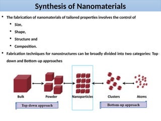 Synthesis of Nanomaterials
 The fabrication of nanomaterials of tailored properties involves the control of
 Size,
 Shape,
 Structure and
 Composition.
 Fabrication techniques for nanostructures can be broadly divided into two categories: Top‐
down and Bottom up approaches
‐
 