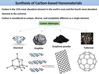 Synthesis of Carbon-based Nanomaterials
Carbon is the 15th most abundant element in the earth’s crust and the fourth most abundant
element in the universe.
Carbon is considered as unique, diverse, and completely different as a single element.
Carbon Allotropes
Diamond Graphite
Graphene powder
Fullerene
 