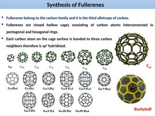 Synthesis of Fullerenes
 Fullerenes belong to the carbon family and it is the third allotrope of carbon.
 Fullerenes are closed hollow cages consisting of carbon atoms interconnected in
pentagonal and hexagonal rings.
 Each carbon atom on the cage surface is bonded to three carbon
neighbors therefore is sp2
hybridized.
C60
Buckyball
 