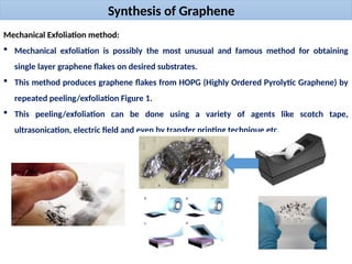 Synthesis of Graphene
Mechanical Exfoliation method:
 Mechanical exfoliation is possibly the most unusual and famous method for obtaining
single layer graphene flakes on desired substrates.
 This method produces graphene flakes from HOPG (Highly Ordered Pyrolytic Graphene) by
repeated peeling/exfoliation Figure 1.
 This peeling/exfoliation can be done using a variety of agents like scotch tape,
ultrasonication, electric field and even by transfer printing technique etc.
 
