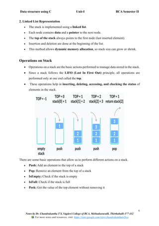Data structure using C Unit-I BCA Semester II
6
Notes by Dr. Chandrakantha T S, Vagdevi College of BCA, Melinakuruvalli, Thirthahalli-577 432
For more notes and resources, visit: https://sites.google.com/view/chandrakanthats/bca
2. Linked List Representation
• The stack is implemented using a linked list.
• Each node contains data and a pointer to the next node.
• The top of the stack always points to the first node (last inserted element).
• Insertion and deletion are done at the beginning of the list.
• This method allows dynamic memory allocation, so stack size can grow or shrink.
Operations on Stack
• Operations on a stack are the basic actions performed to manage data stored in the stack.
• Since a stack follows the LIFO (Last In First Out) principle, all operations are
performed only at one end called the top.
• These operations help in inserting, deleting, accessing, and checking the status of
elements in the stack.
There are some basic operations that allow us to perform different actions on a stack.
• Push: Add an element to the top of a stack
• Pop: Remove an element from the top of a stack
• IsEmpty: Check if the stack is empty
• IsFull: Check if the stack is full
• Peek: Get the value of the top element without removing it
 
