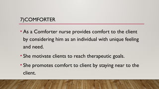 7)COMFORTER
• As a Comforter nurse provides comfort to the client
by considering him as an individual with unique feeling
and need.
• She motivate clients to reach therapeutic goals.
• She promotes comfort to client by staying near to the
client.
 