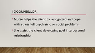 10)COUNSELLOR
•Nurse helps the client to recognized and cope
with stress full psychiatric or social problems.
•She assist the client developing goal interpersonal
relationship.
 