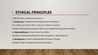 • ETHICAL PRINCIPLES
Code that direct nursing actions, they are.
1. Autonomy:- Independence, Self-determination, Self reliance.
It is a Greek word “Auto- Self”;“nomy-Law” .(freedom of action)
Example:- Administering medication, CPR, care providing, Monitoring vitals, vaccination.
2. Nonmaleficence:- Cause no harm to another.
Example:- overmedication(Avoid over dose of painkiller to refuse addiction)
3. Beneficence:- Actively seeking benefits, Promotion of Goods.
Example:- Organ transplantation, Scholarship program.
 
