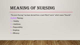 MEANING OF NURSING
“The term Nursing” has been derived from a LatinWord “nutrix” which means “Nourish”.
NURSE Meaning:-
N – Nobility
U – Usefulness
R – Responsibility
S – Simplicity
E – Efficiency
 