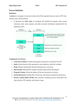 Operating System Unit-I BCA Semester II
22
Notes by Dr. Chandrakantha T S, Vagdevi College of BCA, Melinakuruvalli, Thirthahalli-577 432
For more notes and resources, visit: https://sites.google.com/view/chandrakanthats/bca
Process Definition
Definition:
A process is a program in execution along with all the required resources such as CPU time,
memory, files, and I/O devices.
• It represents the active state of a program and includes the program code, current
instruction, data, stack, registers, and other execution information maintained by the
operating system.
Components of a Process
1. Code (Text Section): Contains the program instructions executed by the CPU.
2. Stack: Stores function calls, parameters, return addresses, and local variables.
3. Heap: Memory dynamically allocated during process execution.
4. Data Section: Holds global variables and static data used by the program.
5. Program Counter: Stores the address of the next instruction to execute.
6. System Resources: Includes files, I/O devices, and memory allocated to the process.
7. Process Control Block (PCB): Data structure containing process information like
state, priority, CPU registers, and memory usage.
 