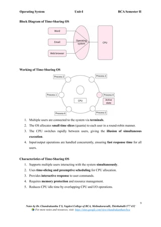 Operating System Unit-I BCA Semester II
9
Notes by Dr. Chandrakantha T S, Vagdevi College of BCA, Melinakuruvalli, Thirthahalli-577 432
For more notes and resources, visit: https://sites.google.com/view/chandrakanthats/bca
Block Diagram of Time-Sharing OS
Working of Time-Sharing OS
1. Multiple users are connected to the system via terminals.
2. The OS allocates small time slices (quanta) to each user in a round-robin manner.
3. The CPU switches rapidly between users, giving the illusion of simultaneous
execution.
4. Input/output operations are handled concurrently, ensuring fast response time for all
users.
Characteristics of Time-Sharing OS
1. Supports multiple users interacting with the system simultaneously.
2. Uses time-slicing and preemptive scheduling for CPU allocation.
3. Provides interactive response to user commands.
4. Requires memory protection and resource management.
5. Reduces CPU idle time by overlapping CPU and I/O operations.
 