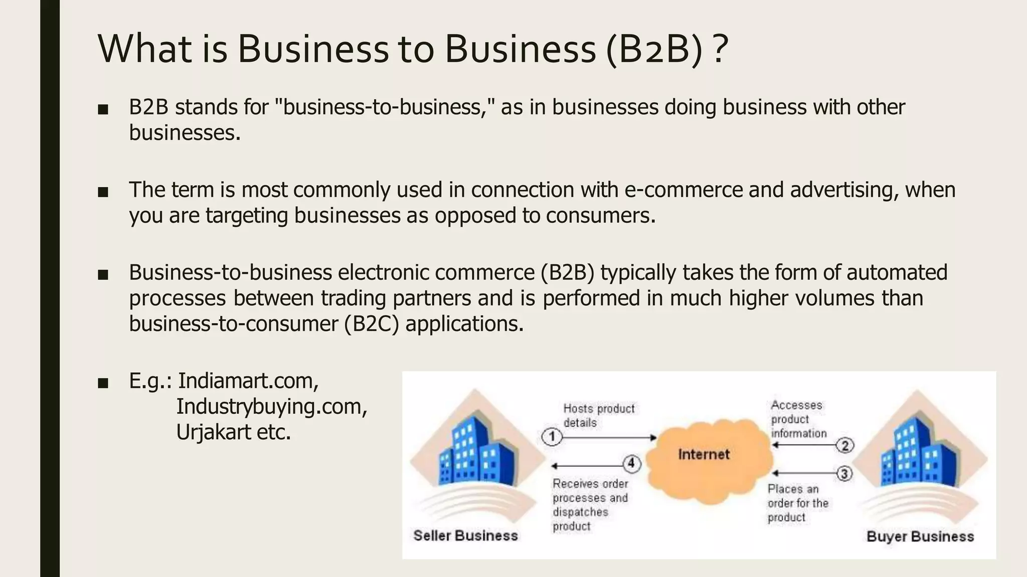What is Business to Business (B2B) ?
■ B2B stands for "business-to-business," as in businesses doing business with other
businesses.
■ The term is most commonly used in connection with e-commerce and advertising, when
you are targeting businesses as opposed to consumers.
■ Business-to-business electronic commerce (B2B) typically takes the form of automated
processes between trading partners and is performed in much higher volumes than
business-to-consumer (B2C) applications.
■ E.g.: Indiamart.com,
Industrybuying.com,
Urjakart etc.
 