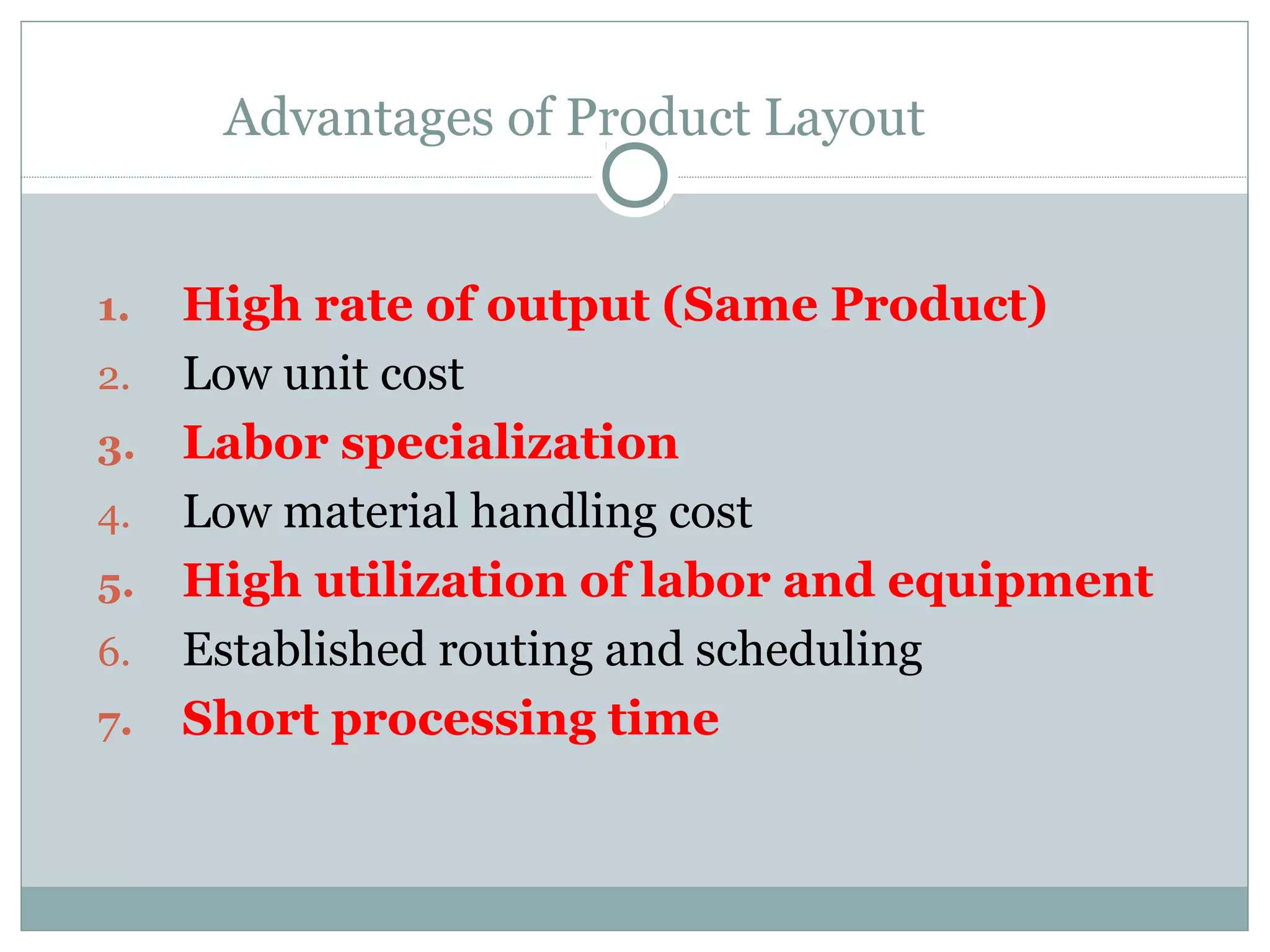 Advantages of Product Layout
1. High rate of output (Same Product)
2. Low unit cost
3. Labor specialization
4. Low material handling cost
5. High utilization of labor and equipment
6. Established routing and scheduling
7. Short processing time
 