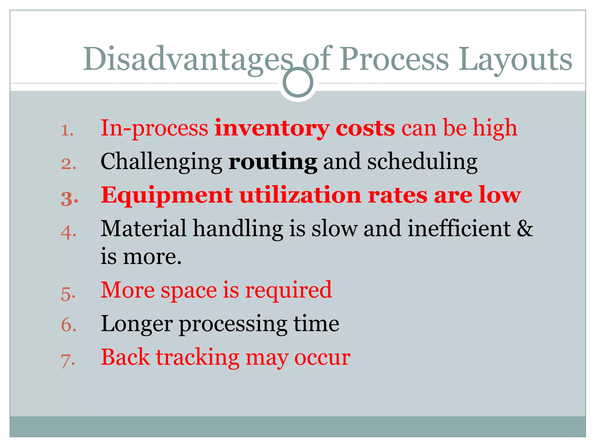 Disadvantages of Process Layouts
1. In-process inventory costs can be high
2. Challenging routing and scheduling
3. Equipment utilization rates are low
4. Material handling is slow and inefficient &
is more.
5. More space is required
6. Longer processing time
7. Back tracking may occur
 